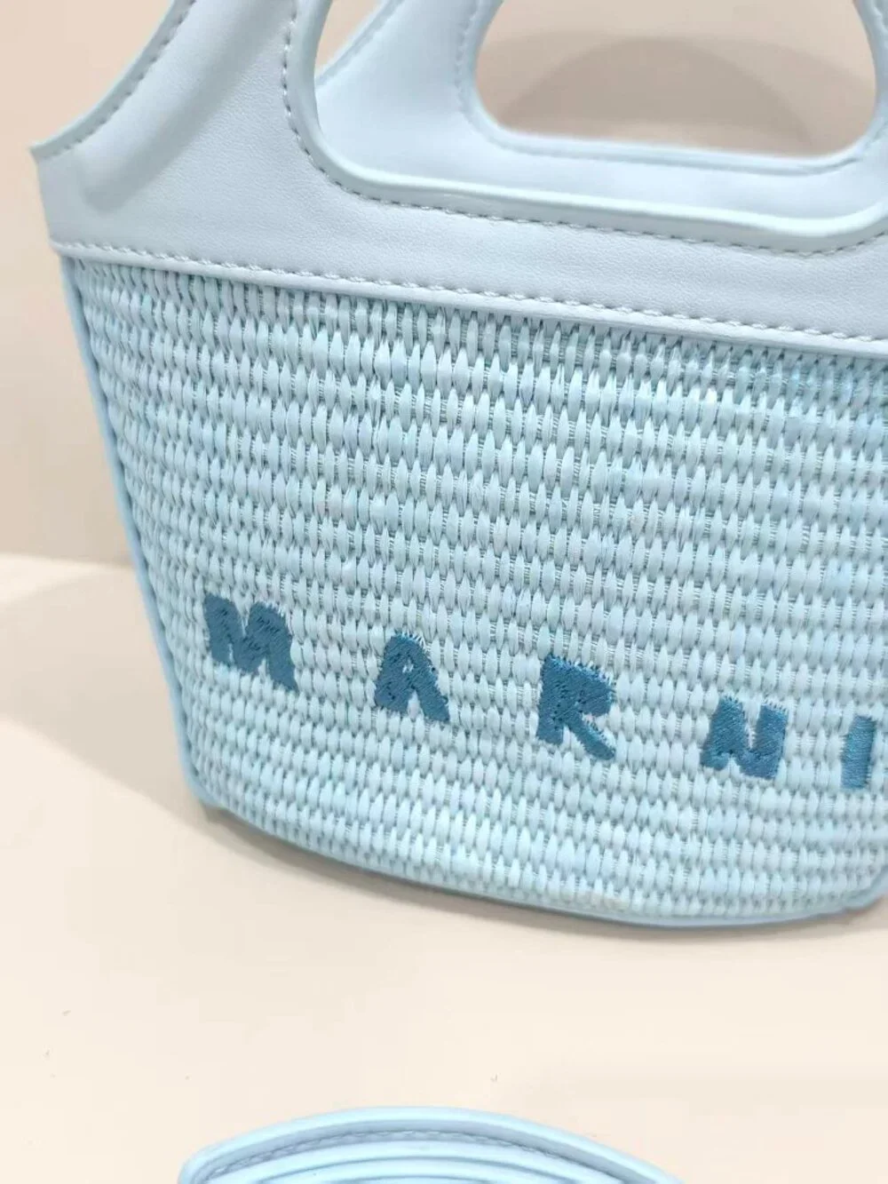 Marni Mini Light Blue Raffia Basket Tote Bag Removable Crossbody Strap